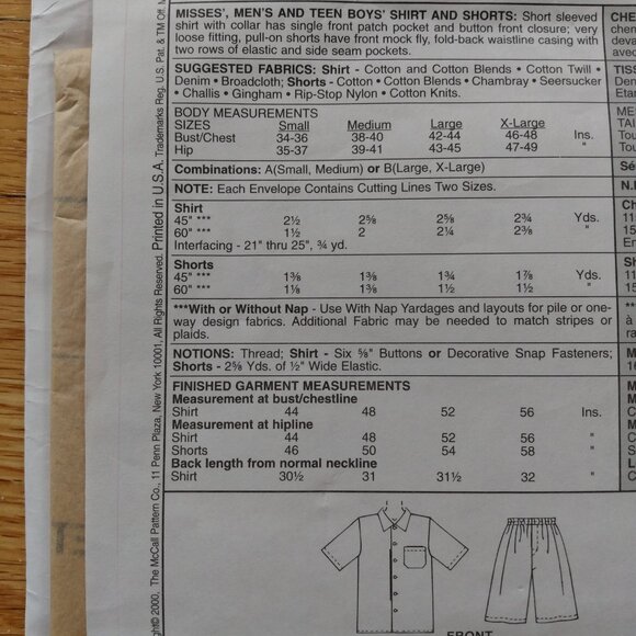 Vintage Shorts & Hawaiian Shirt Sewing Pattern UNCUT Unisex L-XL - Picture 5 of 10